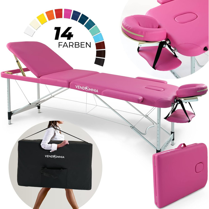 Мобільна массажна ліжка Vendomnia з алюмінієвого сплаву з 3 зонами, регулюванням висоти, включаючи якісну підголівник, сумку, підлокітники. Кольори в наявності. Складана, для масажу та процедур. Рожевий колір.