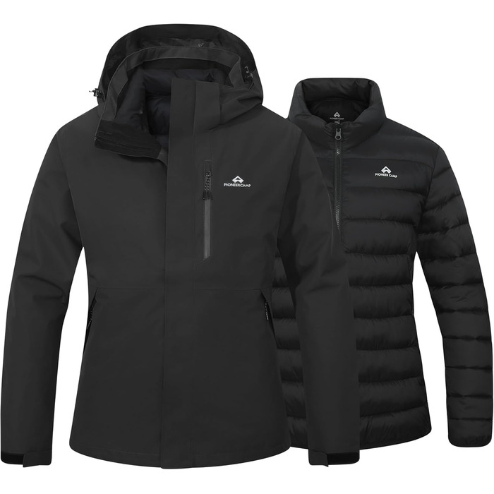 Зимова куртка Pioneer Camp для жінок – 3 в 1, для катання на лижах та сноуборді, водонепроникна, дихаюча, з бавовняною підкладкою (Чорний, L)