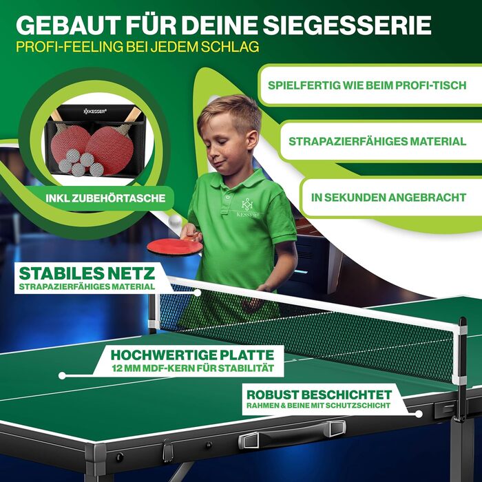 Набір для пінг-понгу KESSER® Mini з столом, ракетками, м'ячами та сіткою | Внутрішнє використання, портативний | Ламінована стільниця, складаний дизайн-кейc, для дітей та дорослих – 153 x 76,5 см, зелений