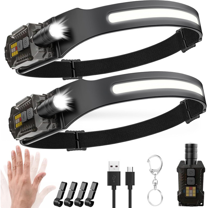 LED налобний ліхтар з перезарядкою, 2000 люменів, 230° кут огляду, регульована головка, сенсор, 9 режимів освітлення з UV лампою, знімний магнітний, легкий, для кемпінгу, бігу, походів, риболовлі, 2 шт.