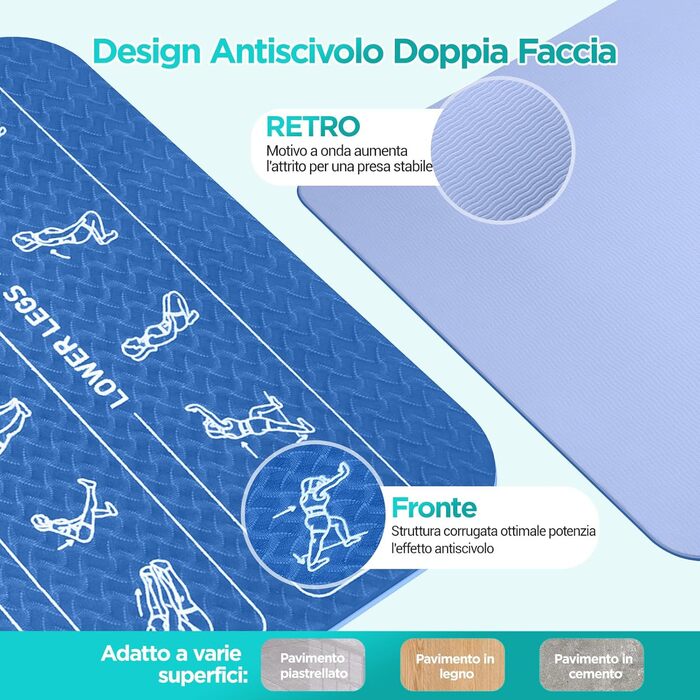 Килимок для йоги Sportmatte – 70 з друкованими позами, неслизький матеріал TPE, для гімнастики, пілатесу, дому та подорожей, фітнес-килимок для жінок та чоловіків, 181x63x0,6 см (Глибокий синій та світло-синій)