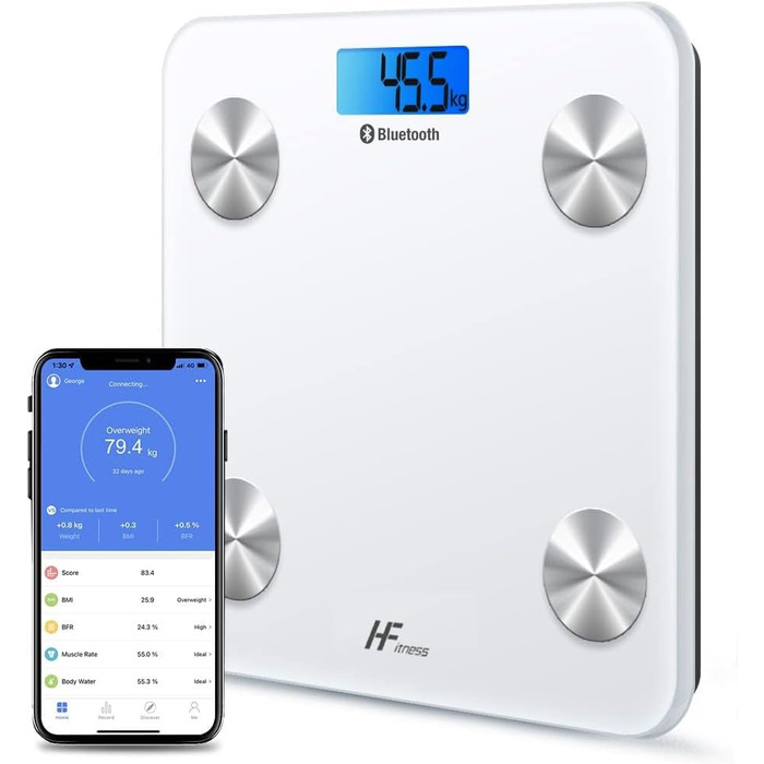 Інтелектуальна вага для тіла HomeFashion HFitness з Bluetooth, вимірювання жиру, BMI, iOS/Android, 28x28 см, білий корпус з блакитною підсвіткою