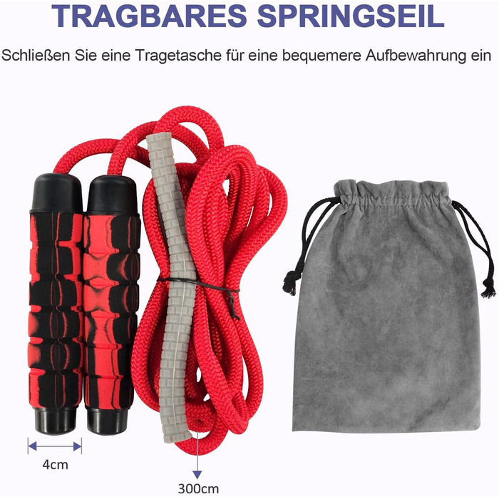 Скакалка Springseil: регульована, довговічна, з підшипниками 360°, без скручування, з ручками з Memory Foam, антиковзка, з сумкою для перенесення