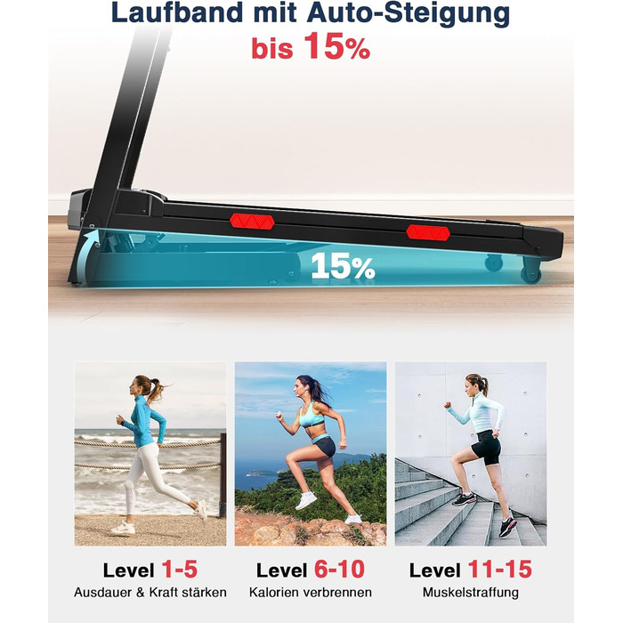 Біговий тренажер Redliro з автоматичним нахилом 15% - складний, до 160 кг, з регульованим поручнем та Bluetooth, для дому