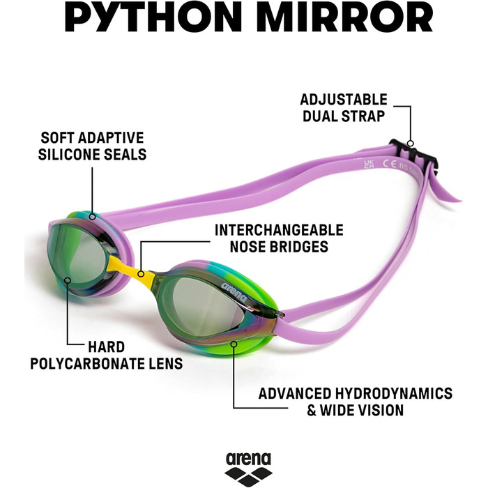 Окуляри для плавання ARENA Python Mirror Racing (Унісекс, Зелено-фіолетово-зелені) - 1 шт.