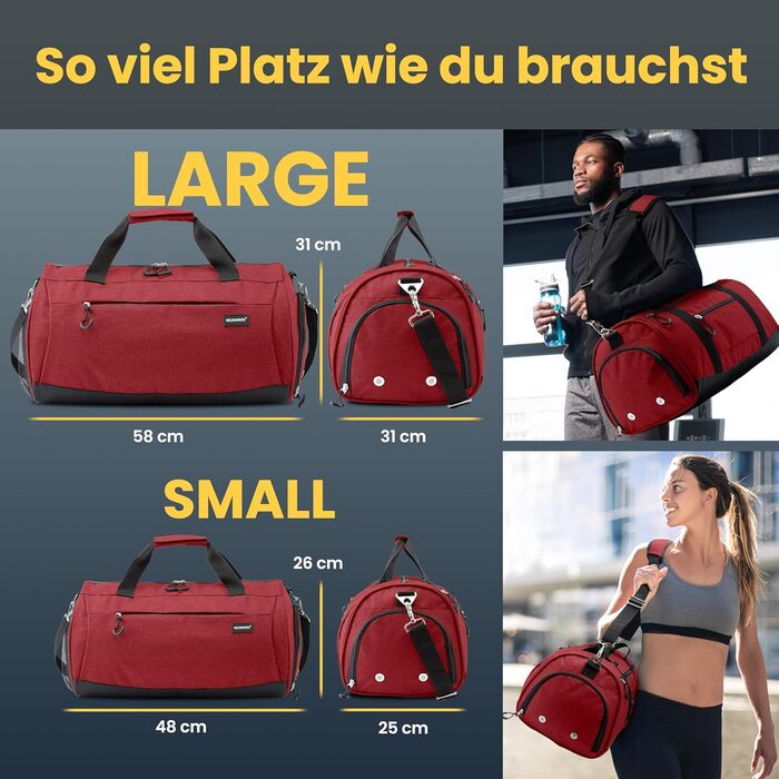 Спортивна сумка Heldenwerk® для жінок та чоловіків, 58 x 31 x 31 см, 50 л. З відділенням для взуття та мокрих речей. Ідеальна для подорожей, спортзалу та тренувань.