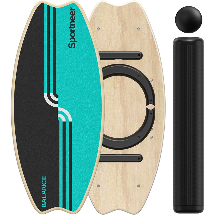 Sportneer Баланс Борд для Дорослих – 7-в-1 Дошка для Балансування, Серфінгу та Фітнесу, Дерев'яна, для Тренування, Реабілітації та Координації, з Роликом та М'ячем, Жовтого та Чорного кольорів (M, Синій та Чорний)