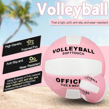 Волейбольний м'яч Aipwerer: для тренувань, пляжу, залу. Водостійкий, Soft Touch, рожевий. У комплекті насос та сумка