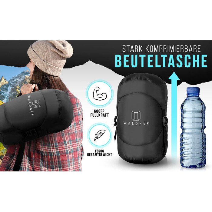 Спальний мішок WALDNER Daunenschlafsack Ultraleicht – ультралегкий, 4 сезони, 800г пуху, 600FP, для кемпінгу та відпочинку на природі, до 200 см