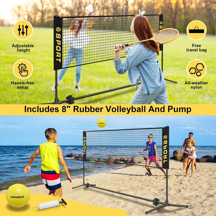 Мобільна міні-сітка для волейболу з комплектом: м'яч, насос, сумка. Регульована висота 1.5-7.9м для тенісу, бадмінтону, футболу, піклболу