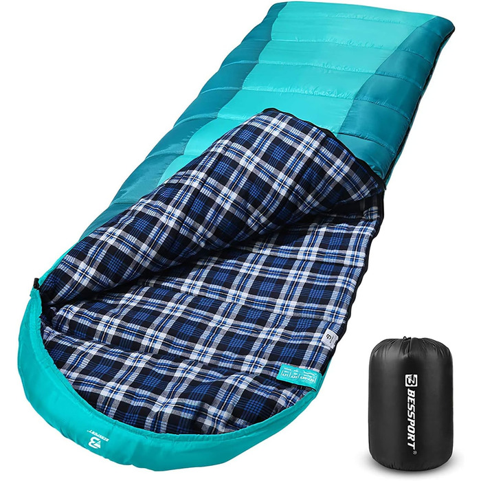 Спальний мішок Bessport фланелевий для кемпінгу 3-4 сезони -10°C-20°C | Зимовий, легкий, водонепроникний та теплий для дорослих та дітей, для подорожей з рюкзаком, кемпінгу, походів та подорожей. Фланелевий, блакитний, зелений (-5℃)