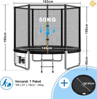 Трамплін Devoko Outdoor Ø 183-427 см, комплект з сіткою, драбиною та захистом, сертифікат GS, для дітей