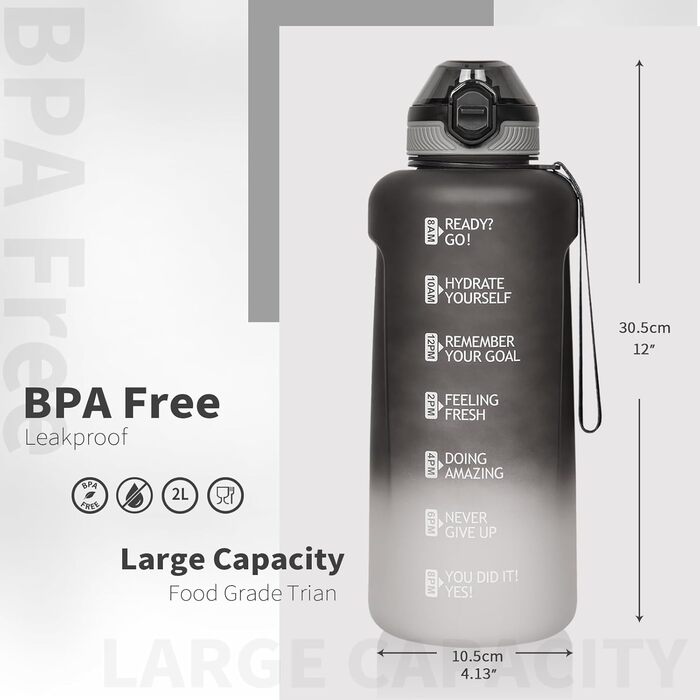 DEARRAY Тританова пляшка для води 2л з трубочкою та часовою розміткою, BPA-free, спортивна мотиваційна пляшка для фітнесу і тренажерного залу, чорна-біла