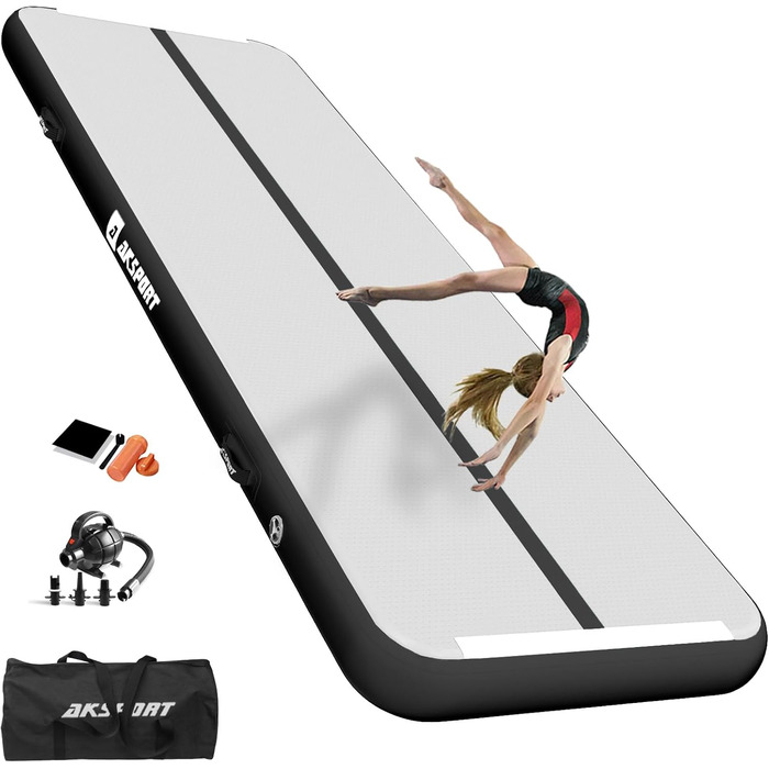 AKSPORT Килимок для гімнастики та акробатики Air Matte, 3/4/5/6м, 10/20см, з насосом, для дому/залу/тренувань, м'ятно-зелений (300x100x10см, Чорний)