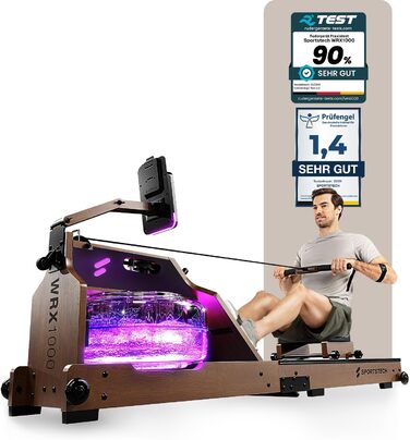 Sportstech WRX1000: Гребний тренажер з водяним опором для дому. Масивне дерево, LED-дисплей, підтримка додатків та планшета. Німецька якість.