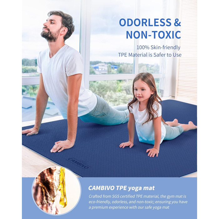 Йогамат CAMBIVO XXL: 183x122 см, 6-12 мм, TPE, з рушником