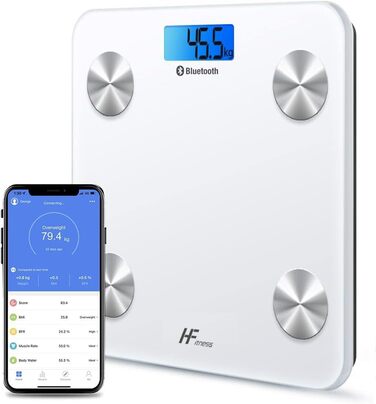 Інтелектуальна вага для тіла HomeFashion HFitness з Bluetooth, вимірювання жиру, BMI, iOS/Android, 28x28 см, білий корпус з блакитною підсвіткою