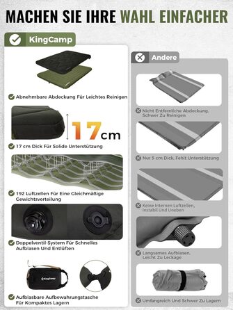 KingCamp килимок для кемпінгу 10см з Memory Foam R4.9, 4-сезонний надувний килимок, швидко надувається (90 сек), для подорожей, автокемпінгу (подвійний, зелений)