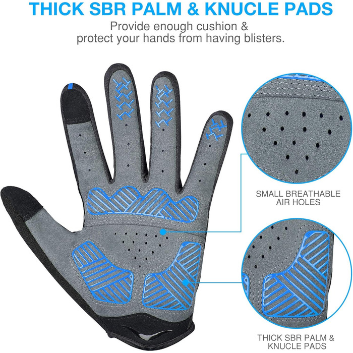 Велосипедні рукавички Vollfinger – посилені рукавички для їзди на велосипеді для чоловіків/жінок – дихаючі рукавички для шосе, мотоциклетні рукавички з антиковзаючим покриттям для їзди, піших прогулянок, скелелазіння, блакитні, розмір L