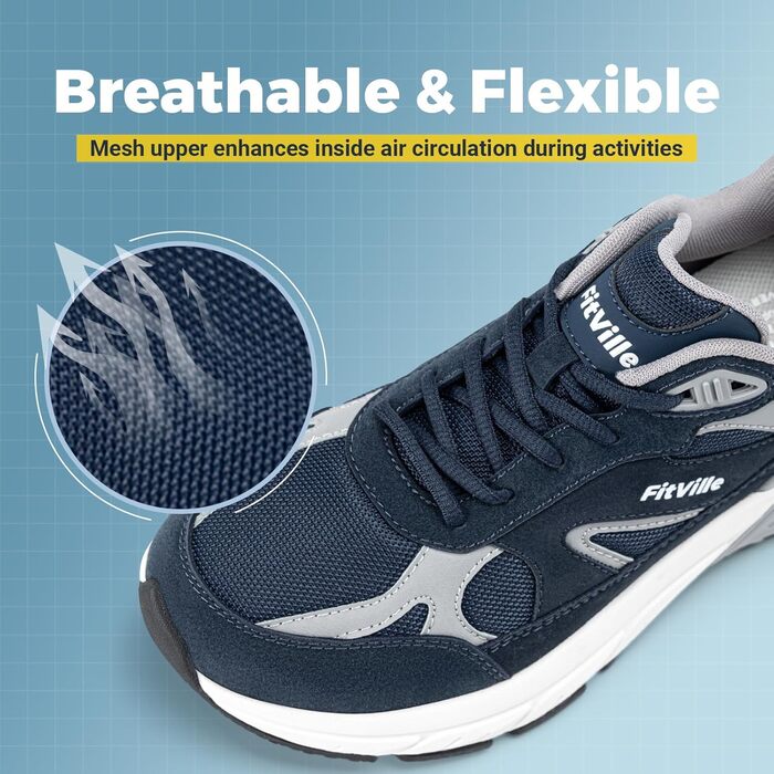 Кросівки FitVille для чоловіків: широкі бігові кросівки, спортивне взуття, неслизькі, дихаючі, для бігу по вулицях, outdoor, для джогінгу, фітнесу, зручні для широкої стопи (42.5 EU X-Wide, темно-синій з сірим)