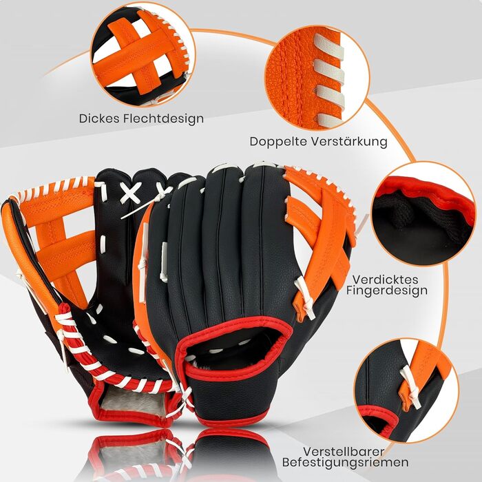 Рукавиця для бейсболу та софтболу з м'ячем, дитяча та доросла, потовщена, змагальна, помаранчево-чорна, 11.5 дюймів