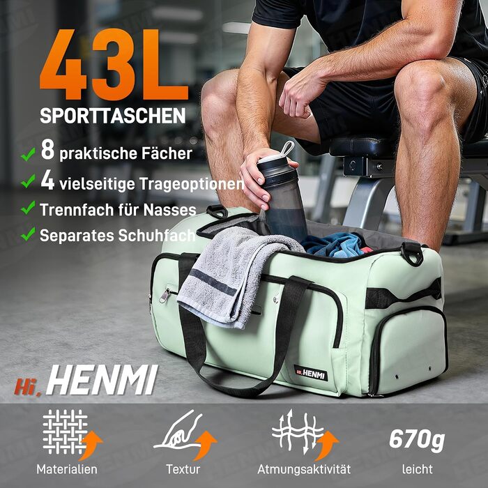 Спортивна сумка для подорожей HENMI 43L, унісекс, містка дорожня сумка для залу та відпочинку (Зелена)