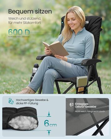 Складний туристичний стілець SONGMICS для відпочинку та риболовлі, чорний, з регульованою спинкою 95°-150°, з підстаканником та кишенею