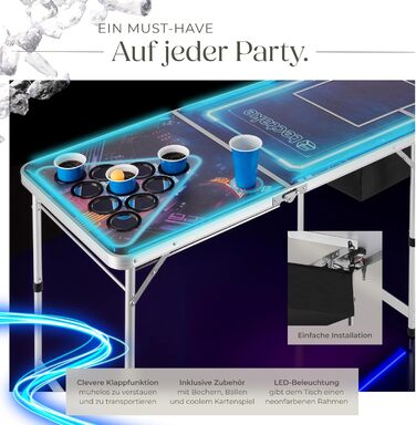 Стіл для пивного пінг-понгу tectake® Beer Pong, складаний, регульований по висоті, з ручками, у комплекті 100 стаканів (50 червоних, 50 синіх) і 6 м’ячів, настільна гра для вечірок, для дорослих