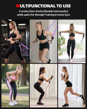 Набір еластичних стрічок Abahub для фітнесу з дверним кріпленням, ручками та петлею для ніг – для тренувань всього тіла, домашній спортзал, ідеально для початківців та досвідчених (Рожевий, 100LB)