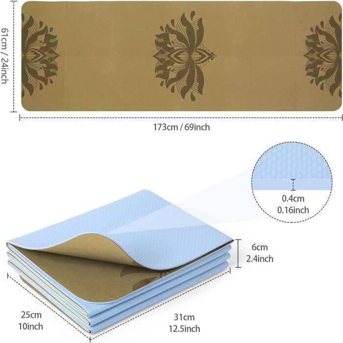 Йога мат Enssy для подорожей, складаний, компактний, 173 x 61 см, 0,4 см, з сумкою, легкий дизайн Pilates (кора-лотос)