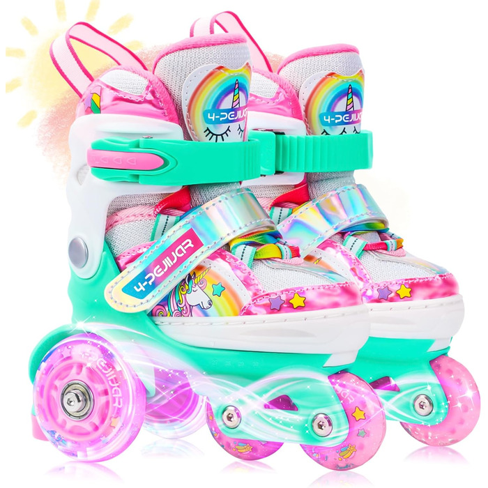 Дитячі ролики Kinder Einhorn для дівчаток, 3-6 років, з підсвічуванням, регульовані, 4 колеса, для початківців, XS (27-30), 3 колеса, райдужний колір