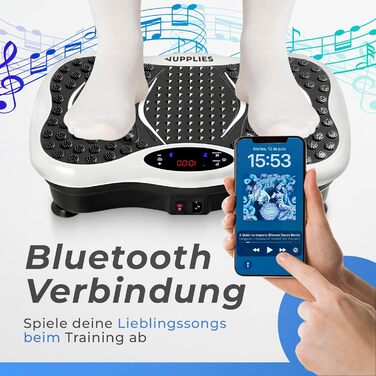 Вібраційна платформа JUPPLIES з 5 режимами тренувань та 5 еластичними стрічками - тренажер для дому, для нарощування м'язів та спалювання жиру, тиха та неслизька з Bluetooth та пультом дистанційного керування