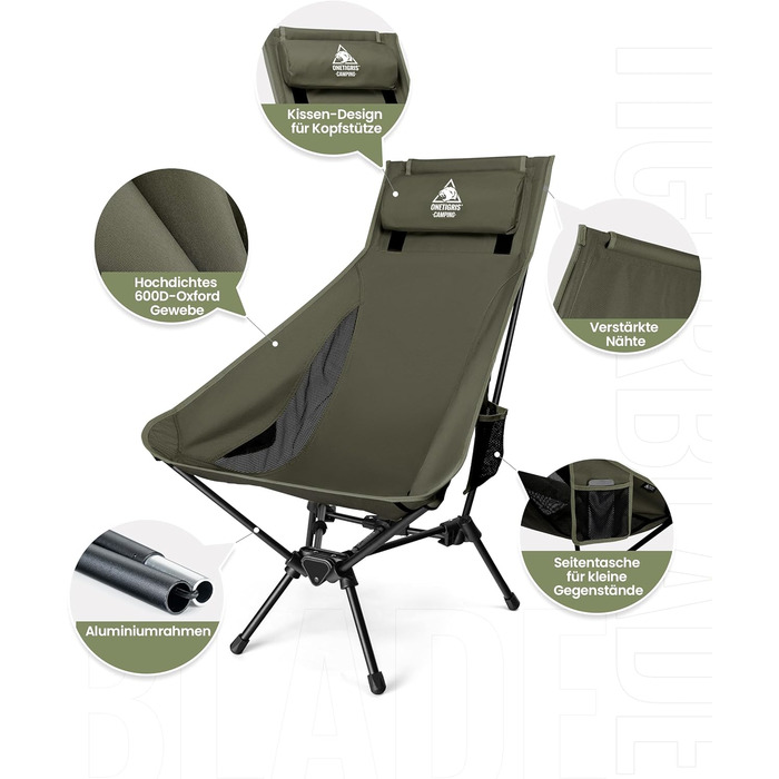 Стілець для кемпінгу OneTigris TIGERBLADE, висока спинка, 170 кг, складний, легкий, трикутник, риболовний, з кишенями, для відпочинку на природі, походів (Ranger Green)