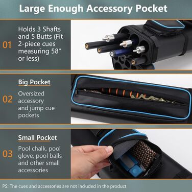 Сумка для більярдних київ: переноска для 3 київ, 5 насадок та аксесуарів. Чорний колір з синьою окантовкою