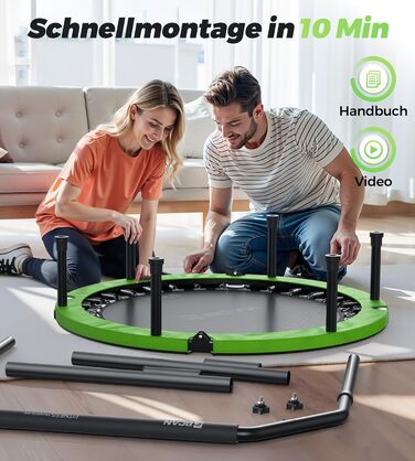 Трамплін для дому BCAN Fitness: діаметр 102/122/130 см, пружинний/з еластичним тросом, для дорослих до 250 кг, з регульованими ручками, тихий та з низькою вібрацією, зелений