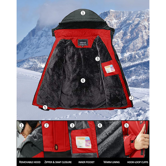 Зимова куртка KEFITEVD для чоловіків: водонепроникна, тепла, з капюшоном, Softshell, флісова, червона, XL