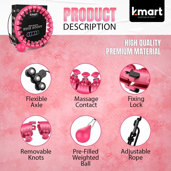 Смарт обруч K-MART для фітнесу, 24 знімних сегменти, 360° масаж, обтяжений, для схуднення, автоматичний обертальний м'яч, рожевий