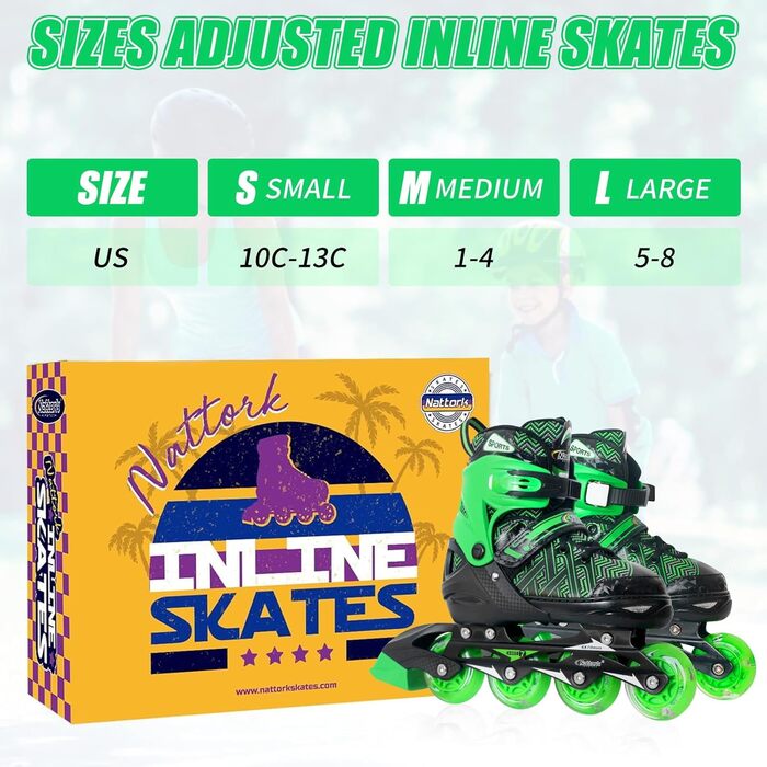 Роликові ковзани Nattork для хлопчиків з підсвічуванням, розмір 32-36, зелені