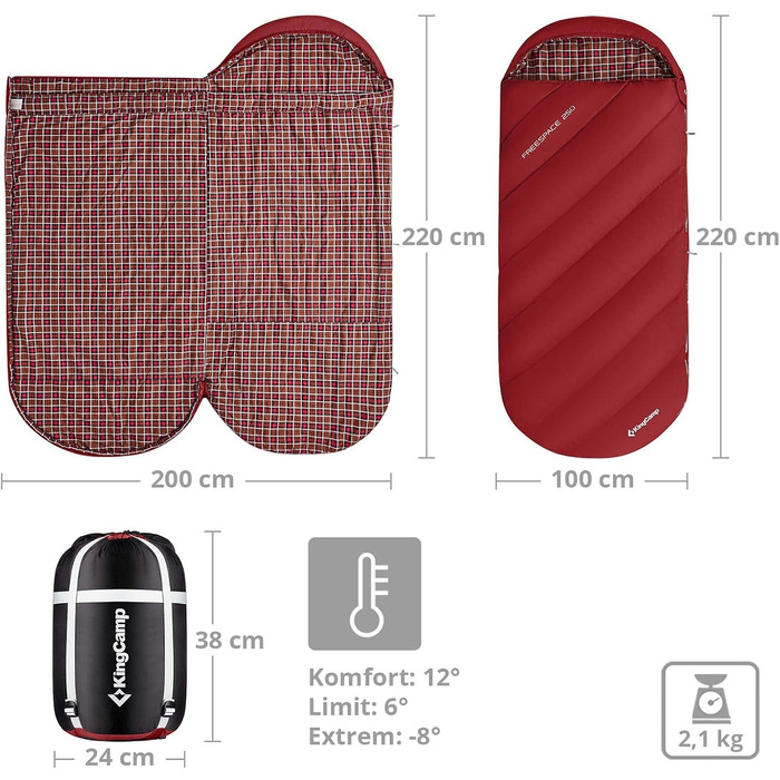 Сплячий мішок KingCamp Freespace 250 Winter з бавовни, широкий, -8°C, винно-червоний