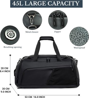 Спортивна сумка 3в1 з відділенням для взуття та мокрих речей – 45L, велика дорожня сумка для фітнесу, подорожей, плавання, сауни та футболу (для чоловіків та жінок)
