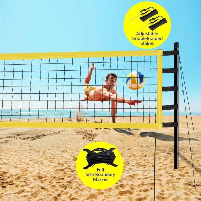 Волейбольний набір Yoving 9,5м x 1м: повний комплект для гри в залі та на пляжі | Регульована висота, сталеві стовпи, лінійки, м'яч, сумка | Професійний волейбольний набір