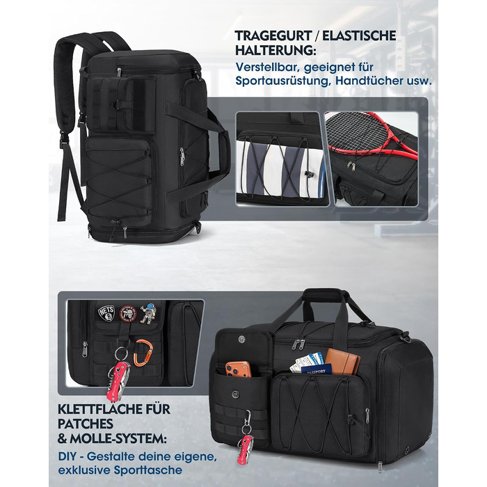 Спортивна сумка RAINSMORE 45L 3-в-1 для фітнесу та подорожей, водонепроникна дорожня сумка з відділенням для взуття та мокрих речей, чорна