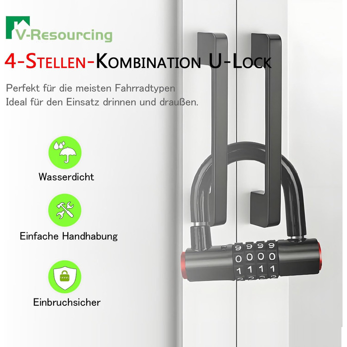 Замок для велосипеда комбінований (4 цифри) - сталевий U-Lock, захист від крадіжки, вологостійкий, з чохлом. Підходить для електровелосипедів, гірських велосипедів, міських велосипедів