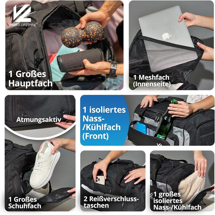 Спортивна сумка VL® з відділенням для взуття, мокрою одежі, ізольованим кульковим відділенням, сауною та туристичною сумкою для жінок та чоловіків. 50 л, чорно-сірий/чорно-срібний
