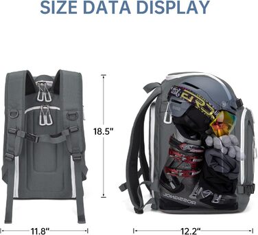 Рюкзак для лиж та сноуборду 50L з кишенями для черевиків, шолома, окулярів, рукавичок та аксесуарів, сірий
