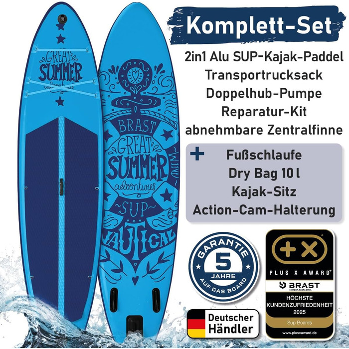 SUP дошка BRAST Summer надувна з набором аксесуарів 320x81x15 см: весло-каяк, тримач для камери, рюкзак, 6 дизайнів, гарантія 5 років