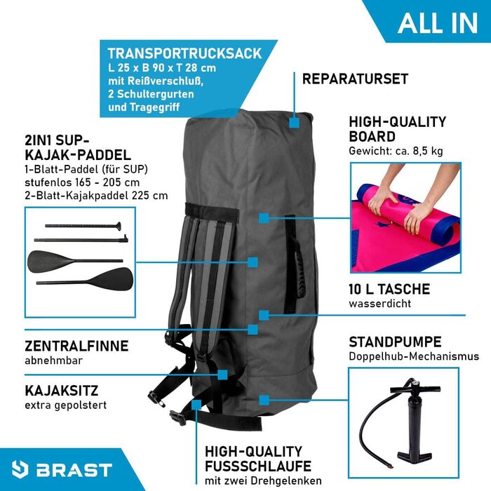 BRAST SUP-дошка надувна 320x81x15 см, комплект: 2-в-1 весло, каяк-сидіння, кріплення для екшн-камери, ремінець, рюкзак, 5 років гарантії, 6 дизайнів