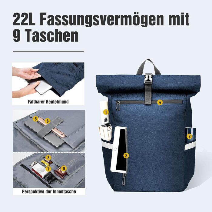 Велосумка Wiserset на багажник 22L, рюкзак для чоловіків, багатосекційна, з відділенням для ноутбука, 2в1, відбиває світло, синя