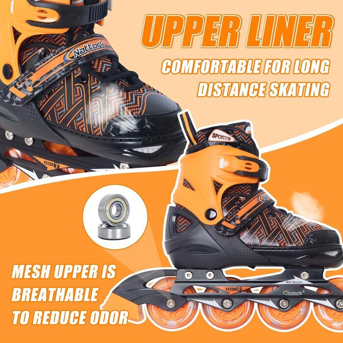 Роликові ковзани Nattork для хлопчиків з підсвічуванням, розмір 37-39, помаранчевий (для початківців)