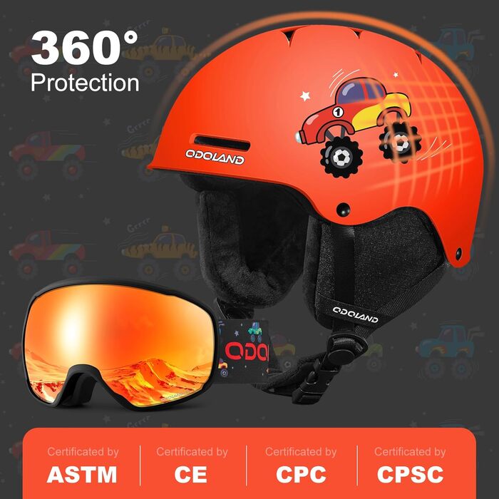 Дитячий гірськолижний шолом та маска Odoland, гірськолижний шолом для хлопчиків та дівчаток, регульований, помаранчевий (XS 49-53 см)